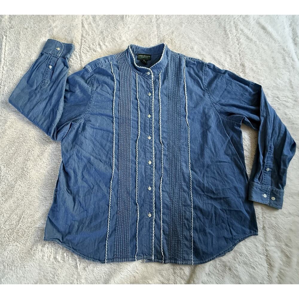 Lauren Ralph Lauren Indigo Blue Button-Front Pintuck Blouse